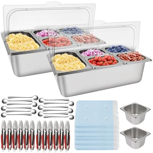 2P Pizza Topping Station 7 Pans Stainless Steel Spice in Flip Cover 17 Pans in Silver