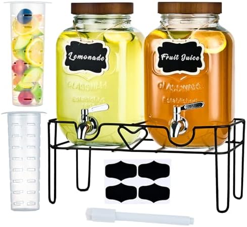 2pack 1Gallon Glass Drink Dispensers for Parties, Beverage Dispenser with Stand and Fruit Infuser, Lemonade