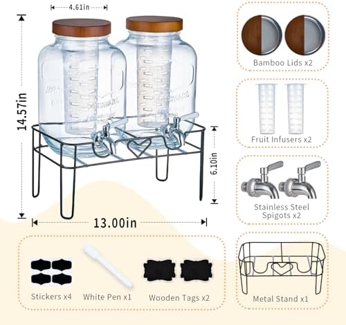 2pack 1Gallon Glass Drink Dispensers for Parties, Beverage Dispenser with Stand and Fruit Infuser, Lemonade, alternate view 3