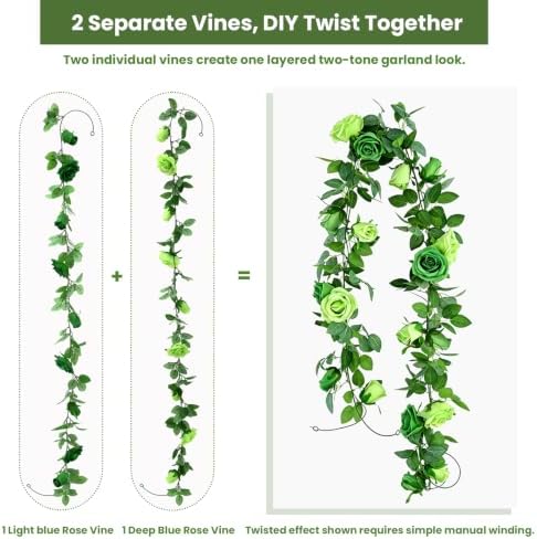 2Pack 6.5FT Mixed Green Artificial Flower Garland Fake Rose Vines, alternate view 2