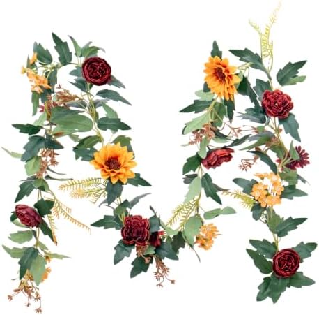 2Pack Artificial Maple Leaves and Sunflowers Burgundy Roses Garland