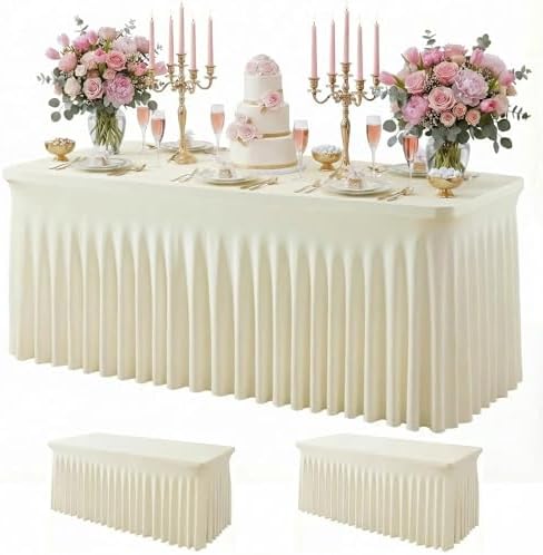 2Pack Beige Spandex Tablecloth for 6FT Rectangle Table, Table Skirt