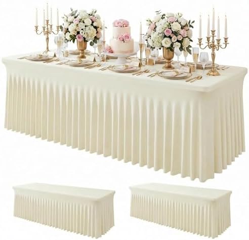 2Pack Beige Spandex Tablecloth for 8FT Rectangle Table, Table Skirt