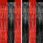 2Pack Black Red Foil Fringe Curtains, Metallic Tinsel Streamer Backdrop