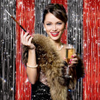 2Pack Black Red Foil Fringe Curtains, Metallic Tinsel Streamer Backdrop, alternate view 2