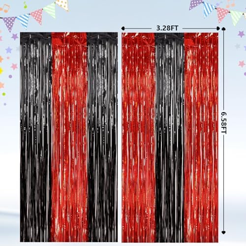 2Pack Black Red Foil Fringe Curtains, Metallic Tinsel Streamer Backdrop, alternate view 3