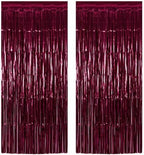 2Pack Burgundy Metallic Tinsel Foil Fringe Curtains, Burgundy Door Streamers Photo Booth Backdrop for Birthday