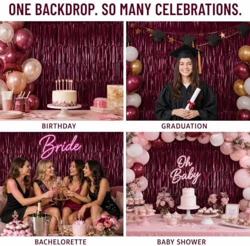 2Pack Burgundy Metallic Tinsel Foil Fringe Curtains, Burgundy Door Streamers Photo Booth Backdrop for Birthday, alternate