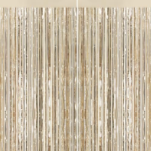 2Pack Champagne Gold Foil Fringe Curtains, Tinsel Streamers Backdrop