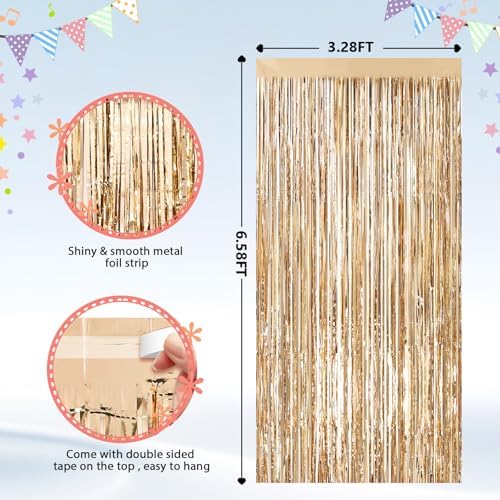 2Pack Champagne Gold Foil Fringe Curtains, Tinsel Streamers Backdrop, alternate view 3