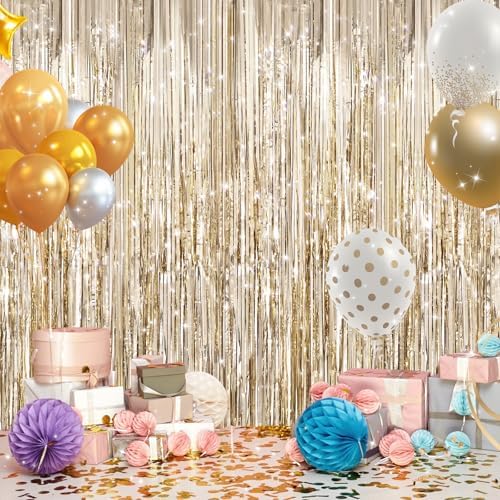 2Pack Champagne Gold Foil Fringe Curtains, Tinsel Streamers Backdrop, alternate view 5