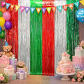 2Pack Christmas Backdrop, Red Silver Green Metallic Foil Fringe Curtains