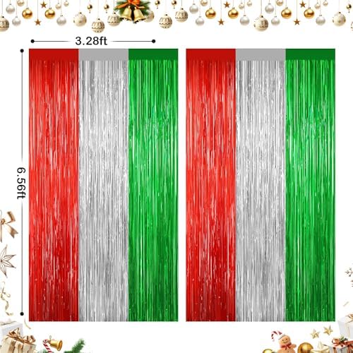 2Pack Christmas Backdrop, Red Silver Green Metallic Foil Fringe Curtains, alternate view 2