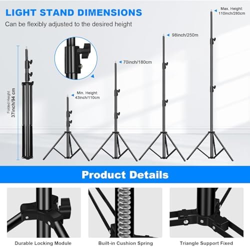 2pack Heavy Duty Light Stand 9.2ft / 110" Aluminum Spring Cushioned Tripod Lighting Stands Max Loading:10KG, alternate view 3