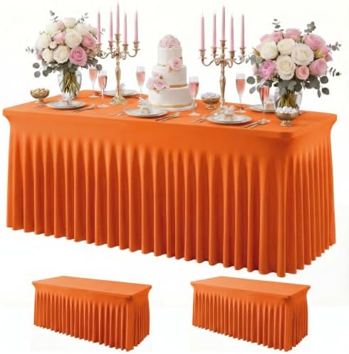 2Pack Orange Spandex Tablecloth for 6FT Rectangle Table, Table Skirt