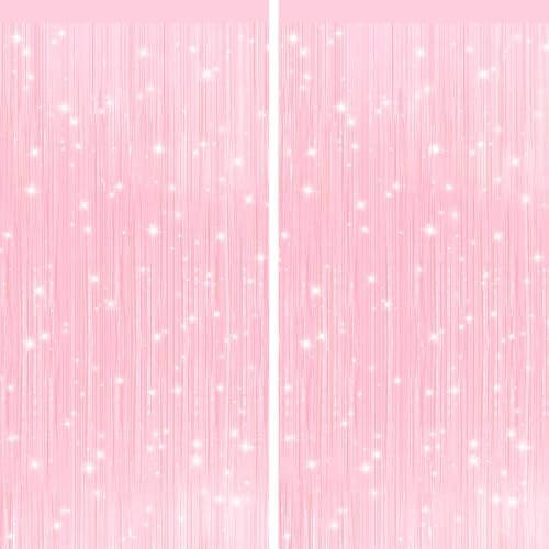 2Pack Pastel Pink Foil Fringe Tinsel Curtains, Pink Backdrop Streamers