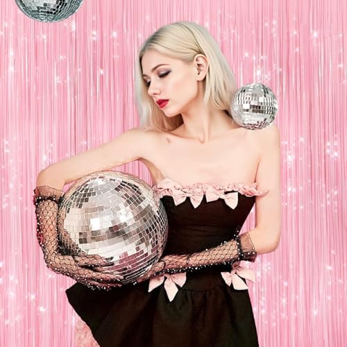 2Pack Pastel Pink Foil Fringe Tinsel Curtains, Pink Backdrop Streamers, alternate view 2