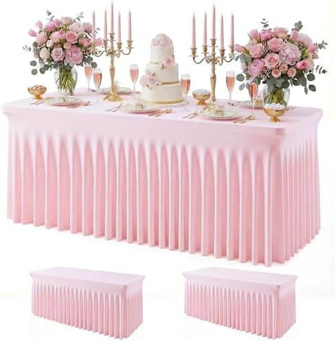 2Pack Pink Spandex Tablecloth for 6FT Rectangle Tables, Table Skirt