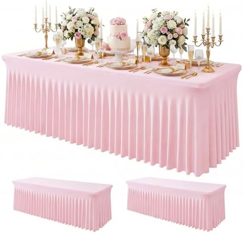 2Pack Pink Spandex Tablecloth for 8FT Rectangle Tables, Table Skirt