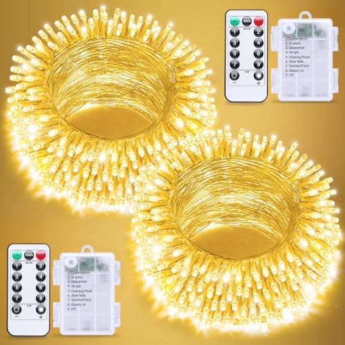 2Pack Remote Control Christmas Lights Battery Operated, 66FT 200 LED Indoor Outdoor String Lights with Timer