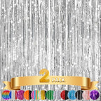 2Pack Silver Tinsel Backdrop, Metallic Foil Fringe Curtains Party Decor