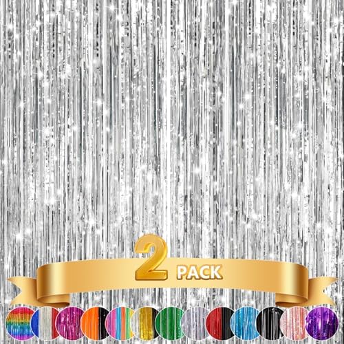 2Pack Silver Tinsel Backdrop, Metallic Foil Fringe Curtains Party Decor