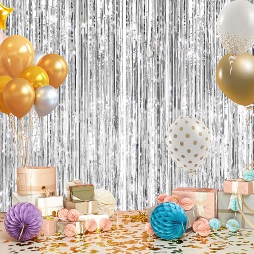 2Pack Silver Tinsel Backdrop, Metallic Foil Fringe Curtains Party Decor, alternate view 4