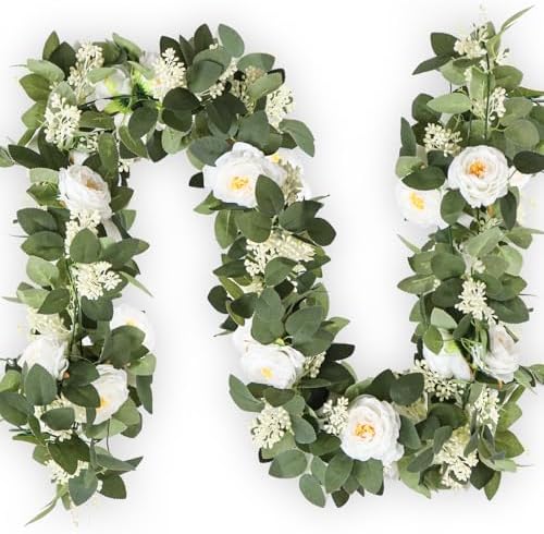 2Pack White 6.6 Ft Eucalyptus Garland with Lovely Faux Rose Flowers, Artificial Eucalyptus and Rose Garlands