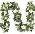 2Pack White 6.6 Ft Eucalyptus Garland with Lovely Faux Rose Flowers, Artificial Eucalyptus and Rose Garlands