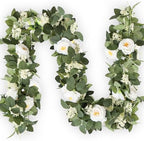 2Pack White 6.6 Ft Eucalyptus Garland with Lovely Faux Rose Flowers, Artificial Eucalyptus and Rose Garlands
