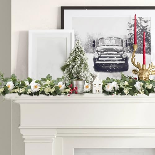 2Pack White 6.6 Ft Eucalyptus Garland with Lovely Faux Rose Flowers, Artificial Eucalyptus and Rose Garlands, alternate view