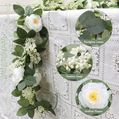 2Pack White 6.6 Ft Eucalyptus Garland with Lovely Faux Rose Flowers, Artificial Eucalyptus and Rose Garlands, alternate view