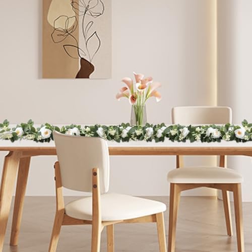2Pack White 6.6 Ft Eucalyptus Garland with Lovely Faux Rose Flowers, Artificial Eucalyptus and Rose Garlands, alternate view