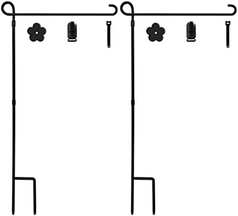 2PC Garden Flag Holder Stand, Weather-Proof Yard Flag Pole Black Metal Powder-Coated Flagpole with Tiger Clip
