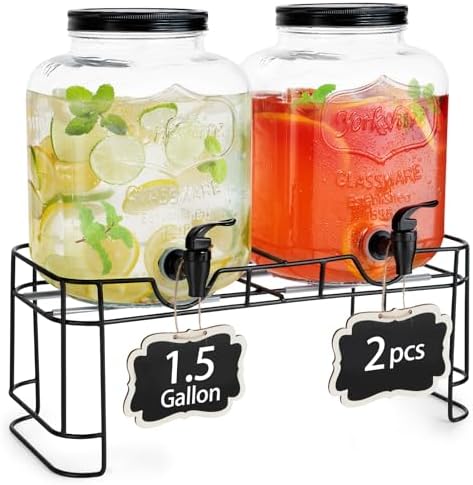 2pcs 1.5 Gallon Glass Drink Dispenser with Metal Stand