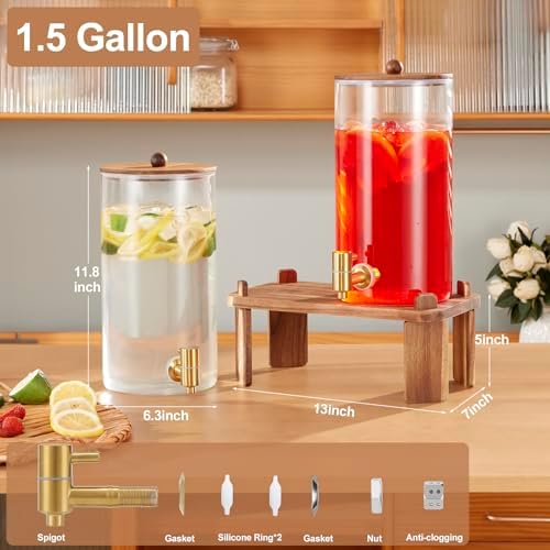 2pcs 1.5 Gallon Glass Drink Dispenser with Wood Stand, alternate view 3