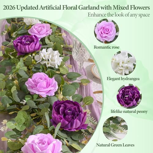 2Pcs 12 Ft Flower Garland Decoracion Purple Peony Floral Garland, alternate view 5