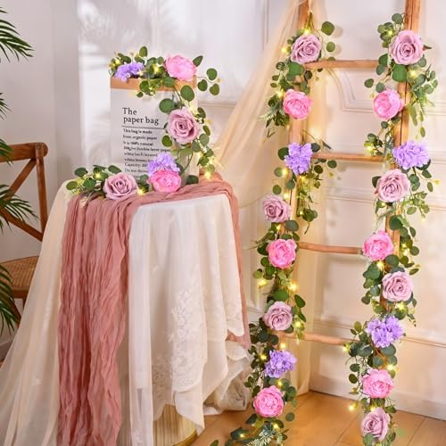 2Pcs 12 Ft Flower Garland with Light, Pink Peony Floral Garland, alternate view 2