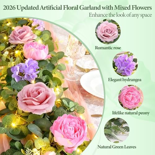 2Pcs 12 Ft Flower Garland with Light, Pink Peony Floral Garland, alternate view 6