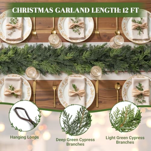 2Pcs 12FT Artificial Christmas Cedar Garland for Mantle Table Stairs Fireplace Xmas Decoration, Holiday Indoor, alternate