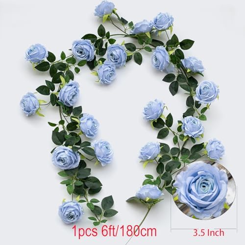 2Pcs 12Ft Bendable Flower Garland Faux Rose Vine for Wedding Decor, Blue in Blue, alternate view 3