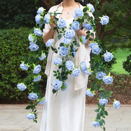 2Pcs 12Ft Bendable Flower Garland Faux Rose Vine for Wedding Decor, Blue in Blue, alternate view 4