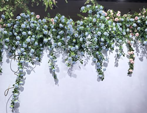 2Pcs 12Ft Bendable Flower Garland Faux Rose Vine for Wedding Decor, Blue in Blue, alternate view 5