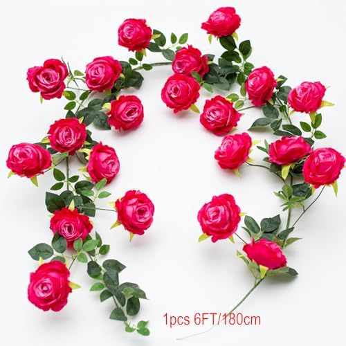 2Pcs 12Ft Bendable Flower Garland Faux Rose Vine for Wedding Decor, Fuchsia in Fuchsia, alternate view 2