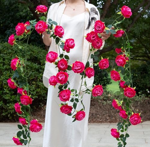 2Pcs 12Ft Bendable Flower Garland Faux Rose Vine for Wedding Decor, Fuchsia in Fuchsia, alternate view 3