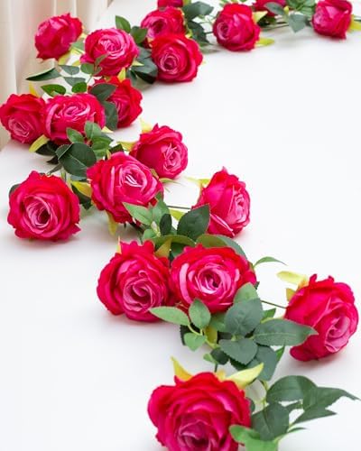 2Pcs 12Ft Bendable Flower Garland Faux Rose Vine for Wedding Decor, Fuchsia in Fuchsia, alternate view 4