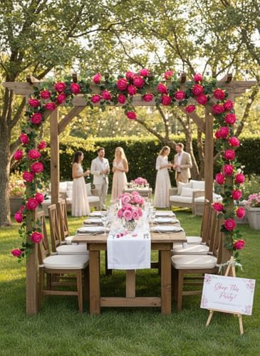 2Pcs 12Ft Bendable Flower Garland Faux Rose Vine for Wedding Decor, Fuchsia in Fuchsia, alternate view 6