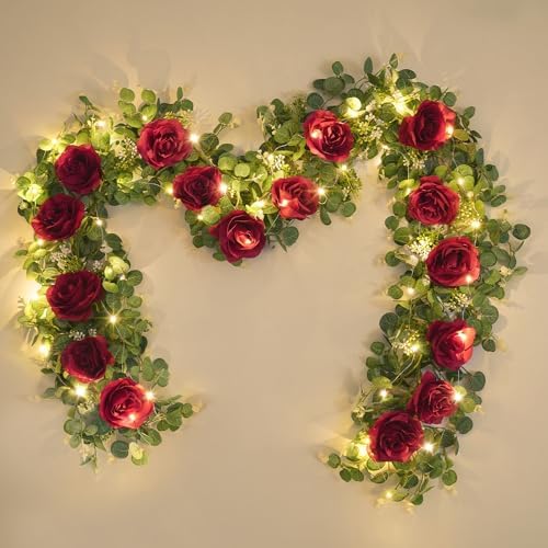 2Pcs 13Ft Artificial Eucalyptus Garlands with Flowers - 8 Roses, Faux Floral Greenery Garlands with 13Ft String