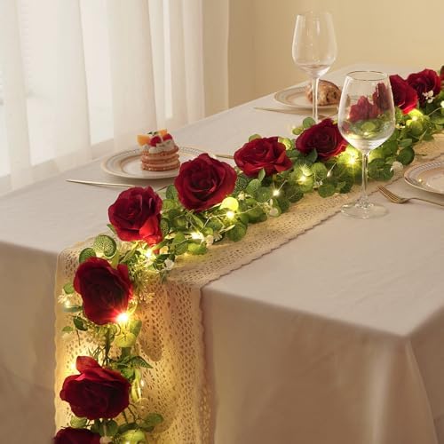 2Pcs 13Ft Artificial Eucalyptus Garlands with Flowers - 8 Roses, Faux Floral Greenery Garlands with 13Ft String, alternate