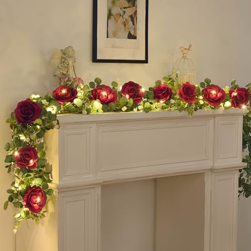2Pcs 13Ft Artificial Eucalyptus Garlands with Flowers - 8 Roses, Faux Floral Greenery Garlands with 13Ft String, alternate